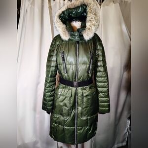 Mark New York Down Trench Coat, Women Puffer, Hood, Pckts, ZipUp, Faux, Green, M